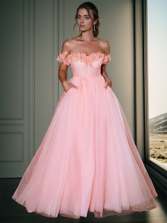 A-line Pretty Off-the-Shoulder Sweep Train Tulle Corset Dress With Slit