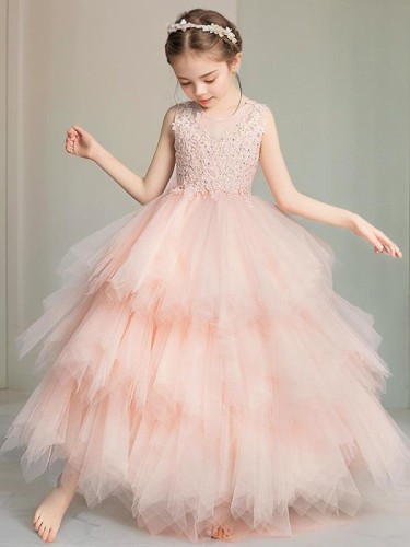 A-line Princess Scoop Sleeveless Floor-Length Celebratory Tulle Flower Girl Dress