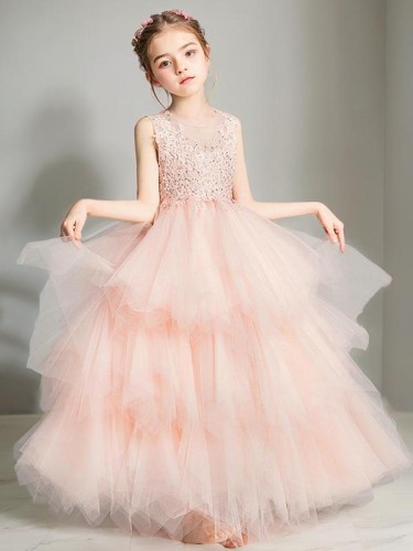 A-line Princess Scoop Sleeveless Floor-Length Celebratory Tulle Flower Girl Dress