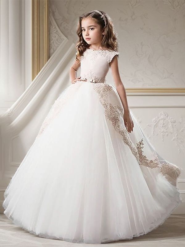 Ball-Gown Princess Scoop Sleeveless Floor-Length Tulle Petite Flower Girl Dress With Applique