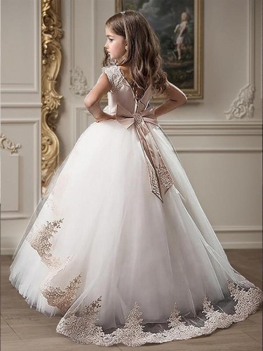 Ball-Gown Princess Scoop Sleeveless Floor-Length Tulle Petite Flower Girl Dress With Applique