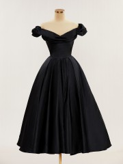 Perfect Ball-Gown Off-the-Shoulder Satin Tea-Length Dress With Pleated