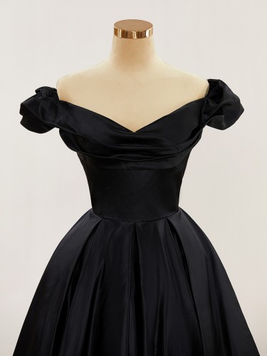 Perfect Ball-Gown Off-the-Shoulder Satin Tea-Length Dress With Pleated