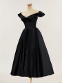 Perfect Ball-Gown Off-the-Shoulder Satin Tea-Length Dress With Pleated