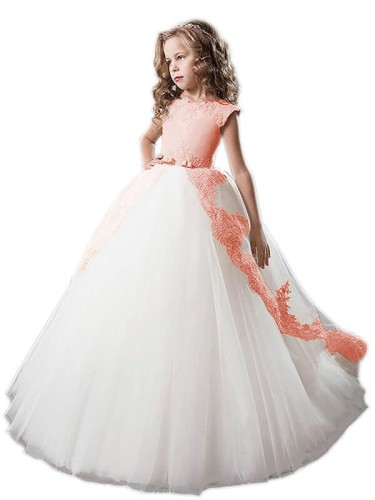 Ball-Gown Princess Scoop Sleeveless Floor-Length Tulle Petite Flower Girl Dress With Applique