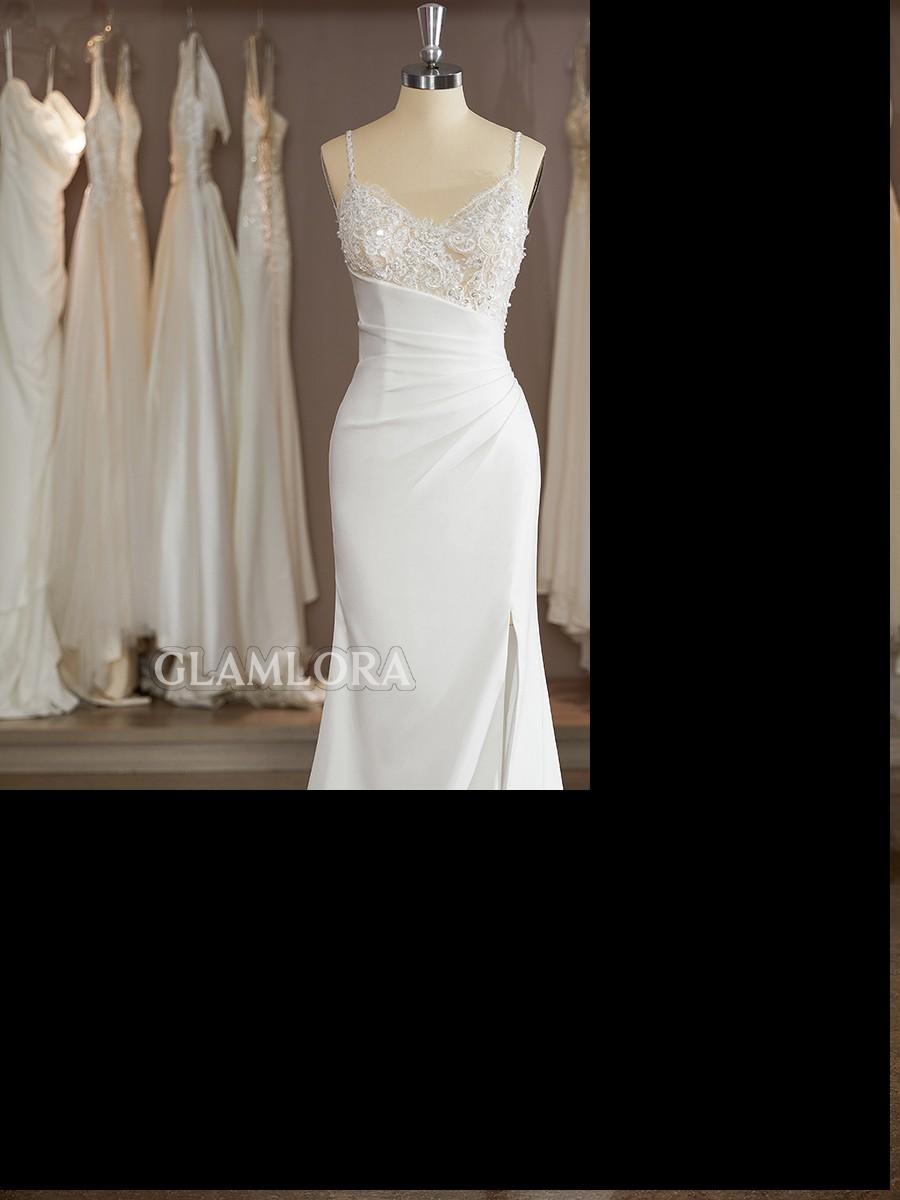 Sheath/Column Stunning V-Neck Sweep Train Stretch Crepe Wedding Dress With Slit